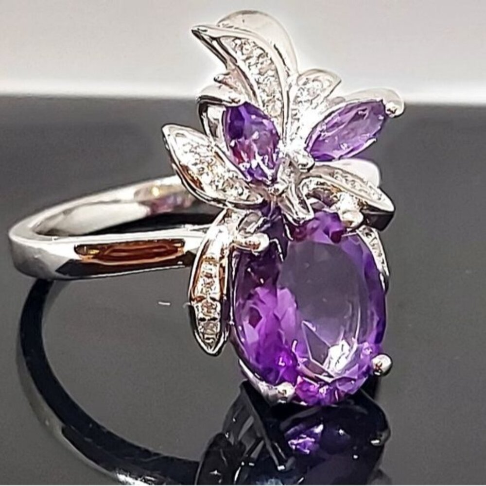 Natural Oval Amethyst & Cz 925 Sterling‎ Silver Ring Sz 7
